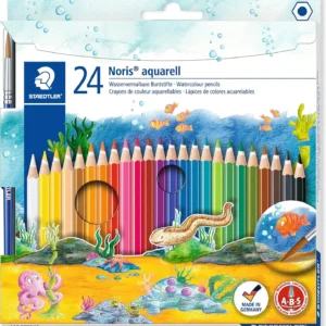 Staedtler Noris Aquarell, Crayons de couleur aquarellables avec système anti-casse, Utilisables à sec ou l’eau, Étui carton avec 24 crayons et 1 pinceau, 144 10NC24