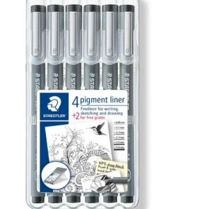 Staedtler Pigment Liner, Feutres de dessin à encre pigmentée noire infalsifiable, Étui chevalet avec 6 feutres assortis 0.05/0.1/0.2/0.3/0.5/0.8 mm, 308 SB6P