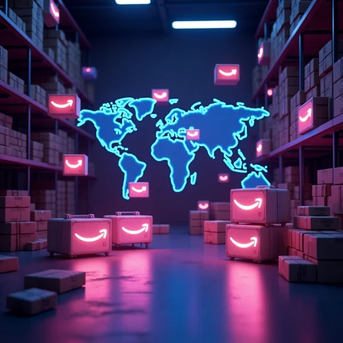 Flux_Dev_A_futuristic_glowing_warehouse_with_floating_Amazonst_0